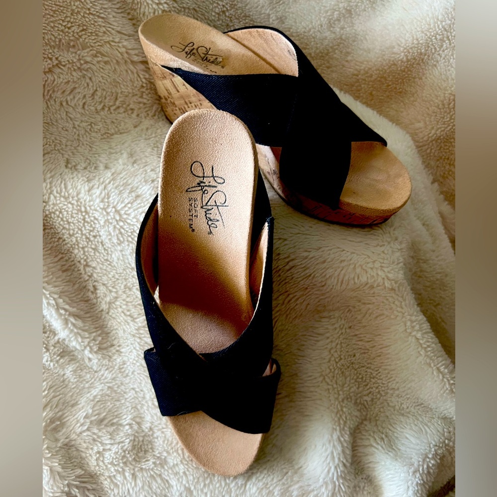 New Black Life Stride Soft System Cork Wedges.